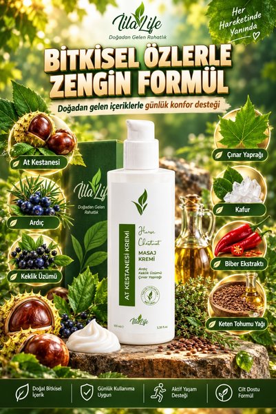 İlla Life Hızlı Etkili Isıtıcı Ferahlatıcı Bitkisel Masaj Kremi Kas Eklem Rahatlatıcı Krem Bel Diz Boyun Sırt Omuz Bacak Spor Sonrası Ardıç Çınar Yaprağı Keklik Üzümü At Kestanesi Özlü Rahatlatıcı Krem 100 ml