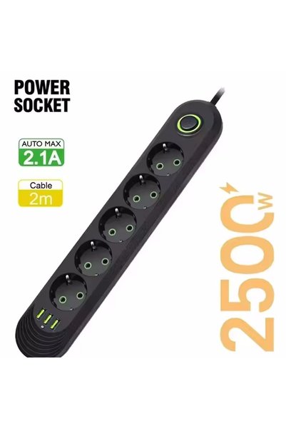 Choice3 شريط طاقة كهربائي أسود بـ 5 مخارج تيار متردد 2500 واط مع قابس أوروبي ...