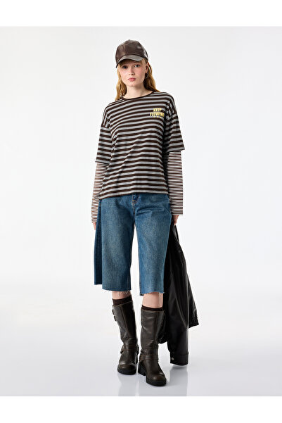 Koton Comfortable Fit Long Sleeve Layered Printed Crew Neck Striped T-Shirt