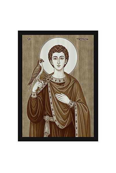 OEM Icoana Sfantul Mucenic Trifon pirogravata pe lemn, cu rama, 50 x 70 cm