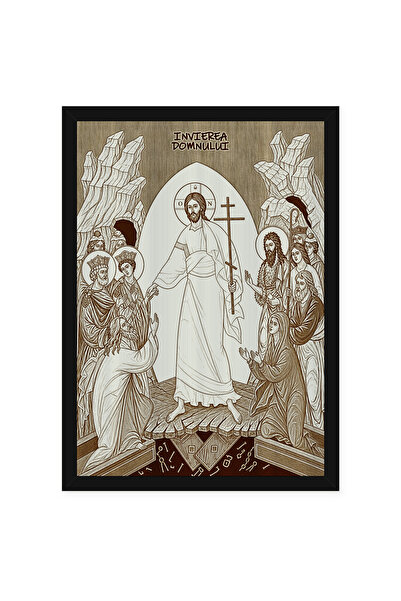 OEM Icoana Invierea Domnului pirogravata pe lemn, cu rama, 50 x 70 cm