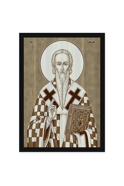 OEM Icoana Sfantul Sava cel Sfintit pirogravata pe lemn, cu rama, 30 x 40 cm