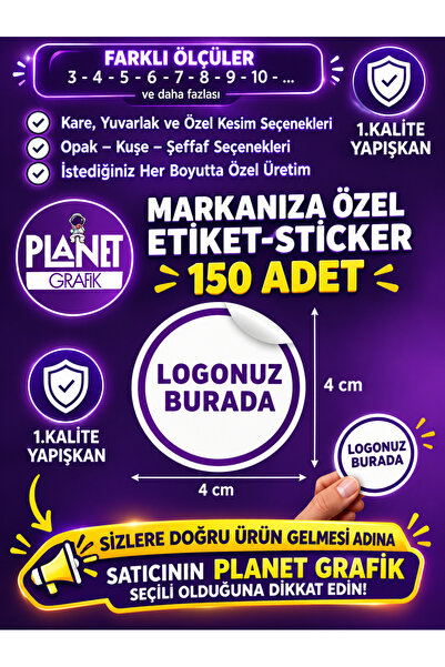Genel Markalar Logo Sticker 4 CM (Kişiye Özel) 150 Adet Yapışkanlı Etiket