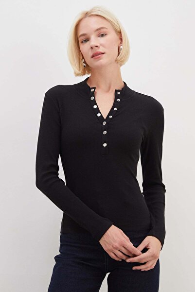 Fulla Moda Fitilli Yarım Çıtçıtlı Dik Yaka Slim Fit Bluz