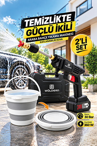 Waldern Yüksek Basınçlı Şarjlı Araba Bahçe Yıkama Makinesi ve Su Kovası