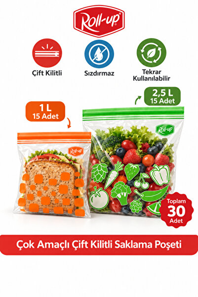 Roll-Up Çift Kilitli Buzdolabı ve Gıda Saklama Poşeti 1 L + 2,5 L 15+15 Adet ...