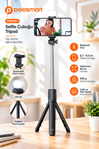 Polosmart PSM137 Işıklı Uzaktan Kumandalı Tripod Siyah - Bluetooth Telefon Tu...