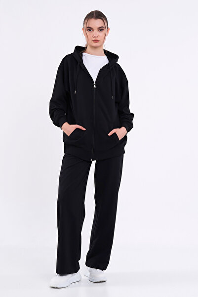 COMEOR Women's Black Regular Fit Basic Elastic Waist Hooded Oversize Seasonal...