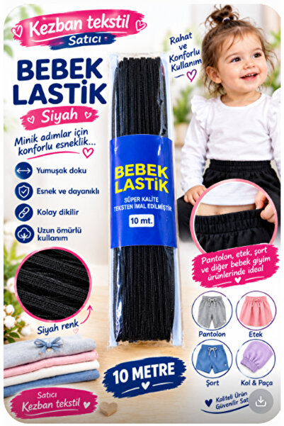 Kezban Tekstil NAZARONE Siyah Bebe Lastiği Bel Paça Lastiği 10 Metre