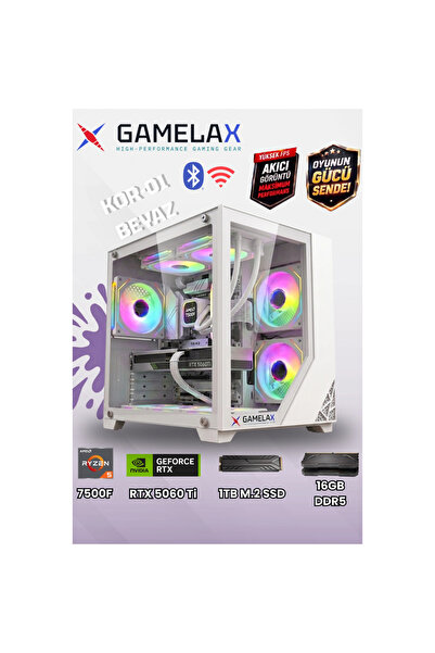 Gamelax KOR-01 Beyaz AMD Ryzen5 7500F RTX5060 Tİ 8GB 16GB DDR5 Ram 1TB M.2 SS...