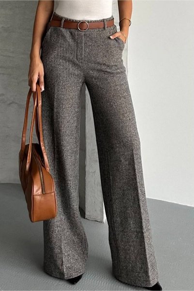 mor butik Women's Brown Herringbone Patterned Wide Leg Palazzo Trousers with Pockets and Belt