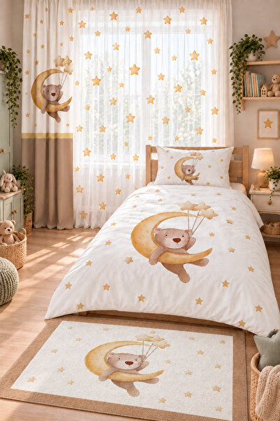 Evmila Bear Lying on the Moon and Star Patterned Duvet Cover Set - 160X220 Du...