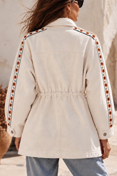 Boutique Juji BOHEM NAKIŞLI BELİ BÜZGÜLÜ COTTON EKRU CEKET