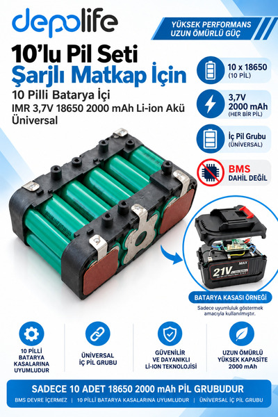 Depolife 10'lu Pil Seti Şarjlı Matkap için 10 pilli Batarya içi imr 3,7v 1865...