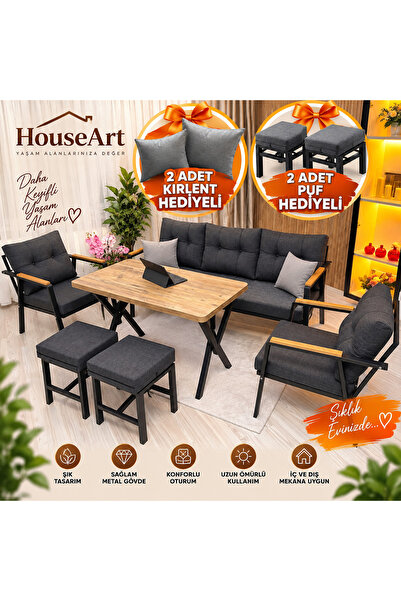 HouseART DORA 3 -1 - 1 + Masa + 2 Adet Puf , Balkon, Bahçe, Teras, cafe - Sal...