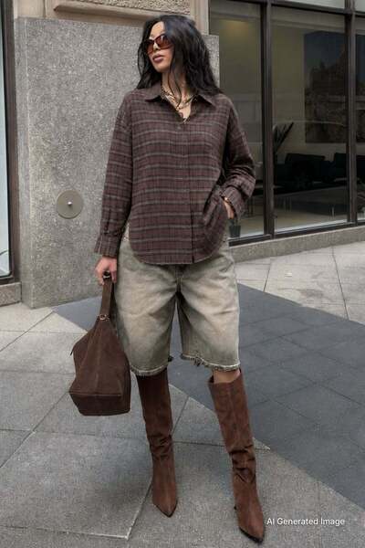 Madmext Καφέ oversized καρό γυναικείο πουκάμισο MG2589
