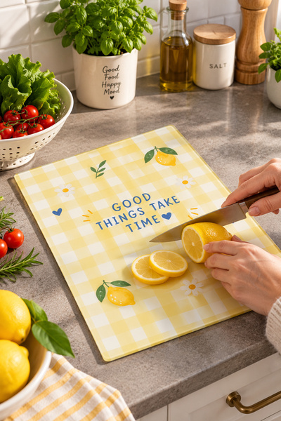 Generic Brand Glass Cutting Board Yellow and White Checkered Lemon Themed - G...