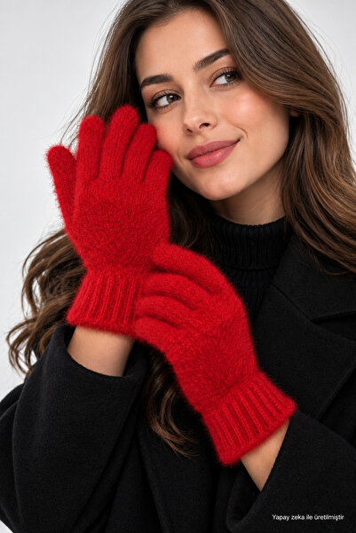 ZERAMİNE Women's Gloves Plush Long Finger Red