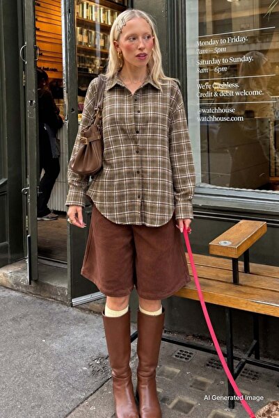 Madmext Khaki Oversized Plaid Patterned Women's Shirt MG2589