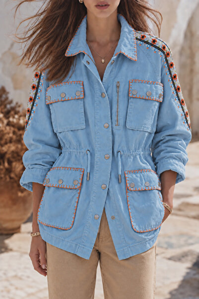 Boutique Juji BOHEM NAKIŞLI BELİ BÜZGÜLÜ COTTON MAVİ CEKET