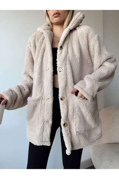 ÇEÇİM ÇİFT CEPLİ ÖNÜ DÜĞMELİ OVERSİZE PELUŞ CEKET ZYN-58557