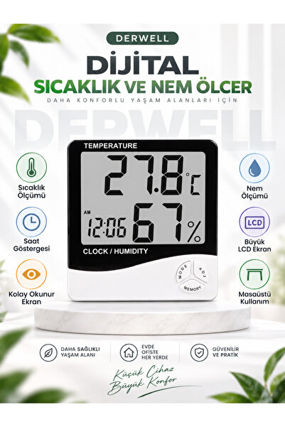 Derwell Lcd Ekran Dijital Termometre Sıcaklık Ve Nem Ölçer Masa Saati Alarm M...