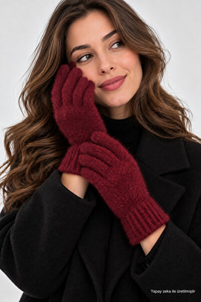 ZERAMİNE Women's Gloves Plush Long Finger Claret Red