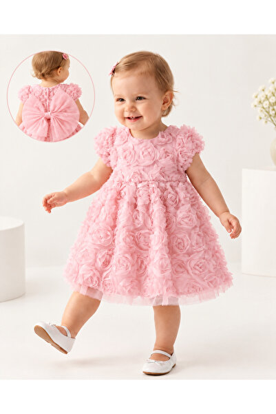 Serkon Baby Girl 3D Rose Detailed Evening Dress with Bow Special Occasion Bir...