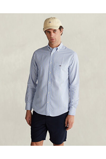Gant Erkek Mavi Regular Fit Çizgili Logolu Gömlek