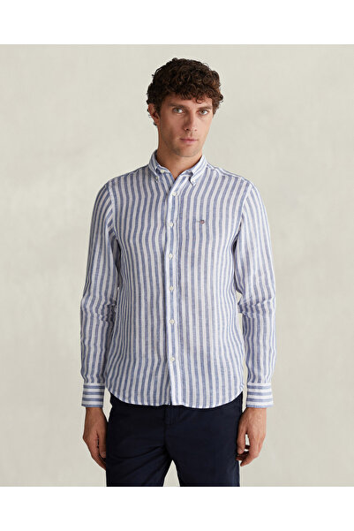 Gant Erkek Mavi Regular Fit Çizgili Logolu Gömlek