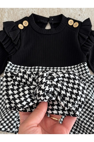 Jammybaby Houndstooth Patterned Dress and Bandana Set with Shoulder Ruffle Detail, 100% Cotton Camisole for Baby Girl