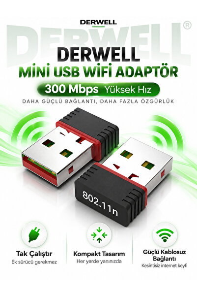 Derwell Usb Wifi Adaptörü 802.11n Anten 300 Mbps Usb Kablosuz Alıcı Dongle Ağ...