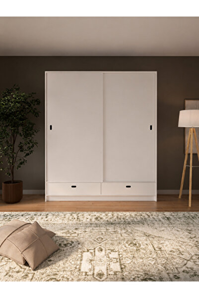AYMOBSAN Aren Çift Sürgülü 2 Kapılı 8 Bölmeli 2 Çekmeceli Gardrop Elbise Dola...