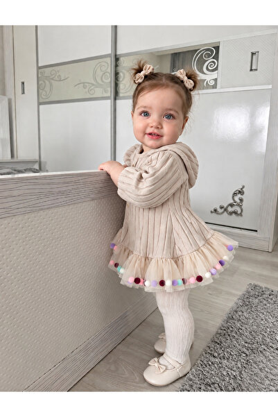 Jammybaby Candy Ponponlu Kapüşonlu Puffy %100 Pamuk Fiyonklu Kız Bebek Elbise