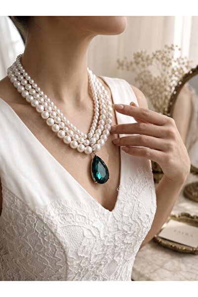 FAYRA ACCESSORIES Zirkon Taşlı İnci Kolye 3 Sıra Tasarım Su damlası Kolye Uçlu