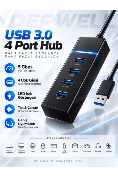 Derwell 4 Port Usb 3.0 Hub Çoğaltıcı Super Speed Çoklayıcı Swıtch Hızlı Usb Çoklama Dişi Splitter Laptop Bilgisayar Için 30 cm Kablo