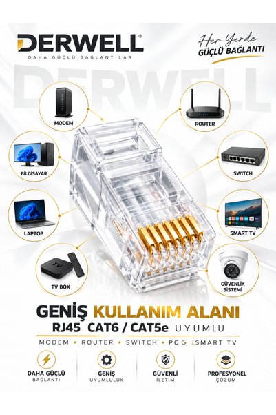 Derwell 100 Adet Yeni Nesil Delikli Açık Uçlu Ez Rj45 Cat5 Cat6 Ethernet Internet Kablo Soketi Konnektörü 8p8c Jack Utp Uç