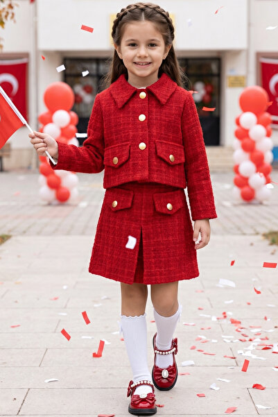 Parla Kids Kız Çocuk Kırmızı Carmen Tüvit Etek Ceket Alt Üst Takım 29 Ekim Gö...