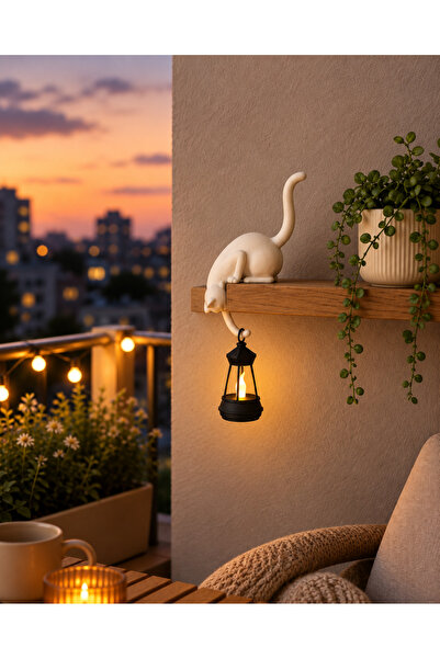 Printorium Askılı Kedi Raf Dekoru 24 CM – LED Fenerli Minimal Salon & Balkon ...
