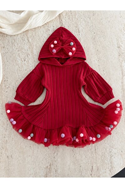 Jammybaby Candy Ponponlu Kapüşonlu Puffy %100 Pamuk Fiyonklu Kız Bebek Elbise