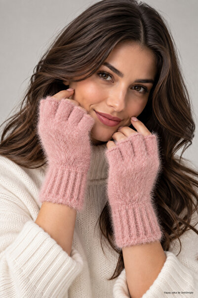 ZERAMİNE Plush Cut-Out Half Finger Gloves Pink