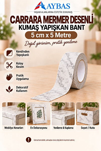 Aybas 5 cm x 5 Metre Carrara Mermer Desenli Kumaş Yapışkan Bant – Mobilya Kap...