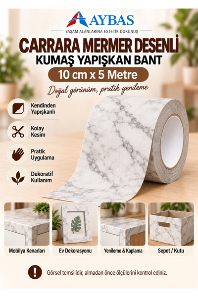 Aybas 10 cm x 5 Metre Carrara Mermer Desenli Yapışkanlı Kumaş Bant – Kendinde...
