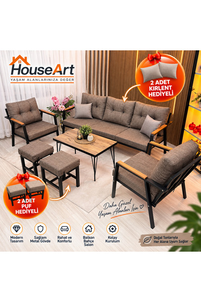 HouseART Balkon, Bahçe - Metal Kanepe Koltuk Takımı 3+1+1 + 2 adet Puf + Sehpa