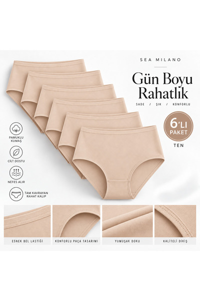 sea milano Kadın 6'lı Ten %90 Pamuklu Yumuşak Dokulu Likralı Baton Külot