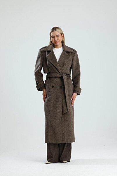 GACA COLLECTION Disere Women's Long Brown Lined Coat with Waist Belt