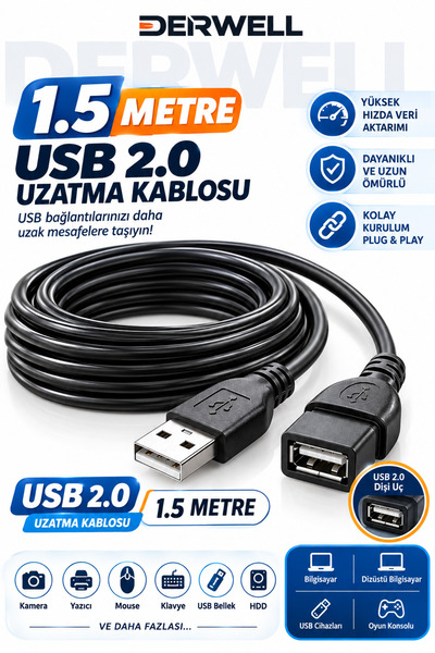 Derwell 1.5 Metre USB 2.0 Uzatma Kablosu Dişi Erkek Yüksek Hızlı Veri Aktarım...
