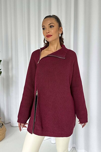 Mine Tan Butik Fermuar Detay Tunik Triko - Bordo