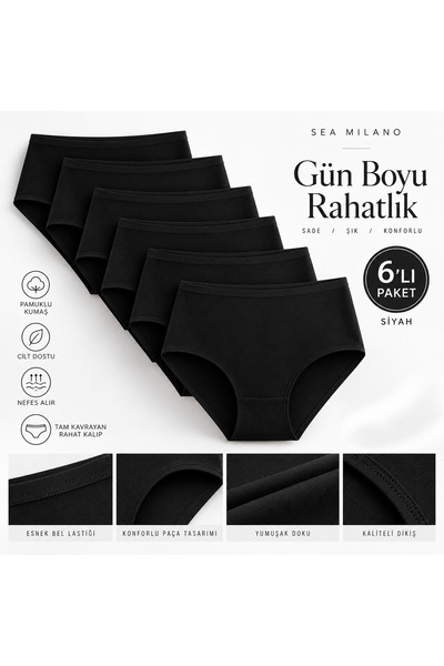sea milano Kadın 6'lı Siyah %90 Pamuklu Yumuşak Dokulu Likralı Baton Külot