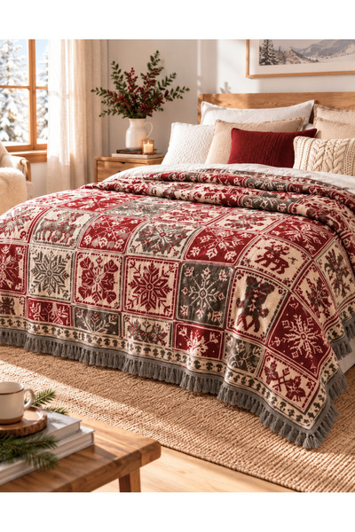 AKSU Pamuklu Çift Kişilik Yatak Örtüsü 180x220 cm – Kırmızı Geyik ve Kar Tane...
